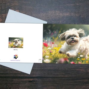 SHIH TZU Karte, Shih Tzu läuft durch Blumen, Innenseite glänzend Karte, Geschenk für Haustierbesitzer, Buntes Geschenk für Hundeliebhaber, Lebendiges