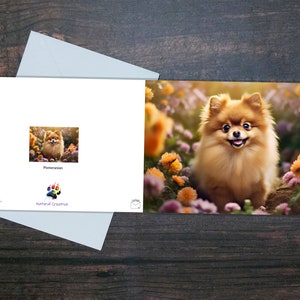 CARTÃO BONITO DA POMERANIAN, cartão de felicitações para cães, cartão para animais de estimação, cartão em branco, presente para amantes de animais de estimação, cachorro adorável, raça de brinquedo, Pomerânia feliz entre flores