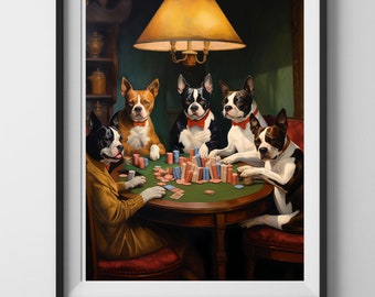 Digital Download, Boston terrier dogs paintings, Dogs Playing Poker, Boston Terrier Art, Wall Art