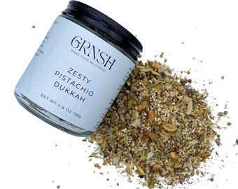 Zesty Pistachio Dukkah, Nuts Seeds & Spice Blend, Crunchy Condiment Topping, 8 oz Jar, Bread Oil Dip, Small Batch