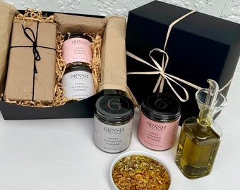 Gift Box, Spicy Almond Dukkah, Zesty Pistachio Dukkah, Olive Oil Dispenser, and Dipping Dish, Nuts Seeds & Spice Blend Topping, Wrapped