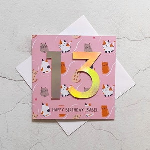 Carte d'anniversaire personnalisée 13e chat, carte d'âge, cadeau pour amoureux des chats, anniversaire de fille, anniversaire de nièce, soeur, adolescent, 10, 13, 16 21,