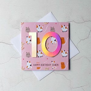 Carte d'anniversaire personnalisée pour les 10 ans, carte d'âge, cadeau pour amoureux des chats, anniversaire de fille, anniversaire de nièce, soeur, adolescent, 10, 13, 16 et 21
