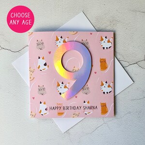 Carte d'anniversaire personnalisée chat, carte d'âge, cadeau pour amoureux des chats, anniversaire de fille, anniversaire de nièce, anniversaire de soeur, 9, 13, 21, 30, 40