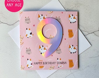 Personalised Cat Birthday Card, Age Card, Cat Lover Gift, Daughter Birthday, Niece Birthday, Sister Birthday, 9th, 13th, 21st, 30th, 40th