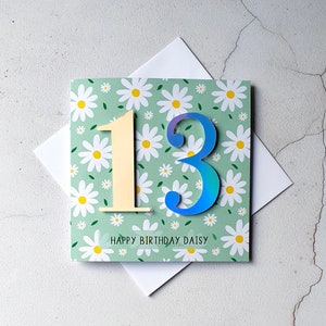 Carte d'anniversaire personnalisée pour 13 ans, impression marguerite, anniversaire de fille, anniversaire d'adolescent, anniversaire de petite-fille, carte souvenir, 14, 15, 16