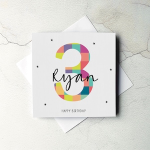 Carte personnalisée pour le 3e anniversaire. Carte multicolore, carte des 4 ans, âge des enfants, 3e anniversaire de la fille, 3e anniversaire de son fils, 5e, 6e anniversaire