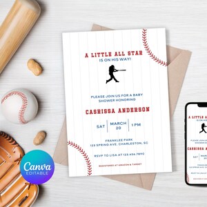 Honkbal | eindeseizoensfeest | Verjaardag | Uitnodiging | zwaai erop | rood | blauw | bal | alle sterren | sport | Uitnodiging babyshower |