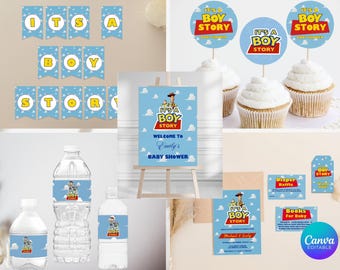 Toy Story Baby Shower Party Dekorationer Bundle | Redigerbara Canvas Printables (Direkt Nedladdning)