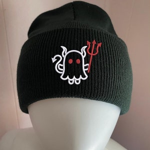 Embroidered Cute Ghost Devil w Pitchfork Beanie, Gift for Halloween, Spooky Casual Halloween Winter Wear, Simple Cute Winter Hat