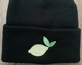 Embroidered Cute LEMON Beanie, Yellow Lemon Green Leaf Winter Hat, Cute Garden Beanie, Nature Plant Lime Winter Hat, Pastel Fruit Cute Gift