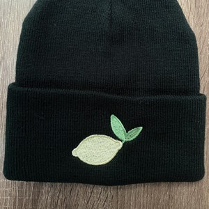 Embroidered Cute LEMON Beanie, Yellow Lemon Green Leaf Winter Hat, Cute Garden Beanie, Nature Plant Lime Winter Hat, Pastel Fruit Cute Gift