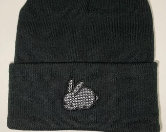 Bunny Beanie, Embroidered Stitched Cute Black & White Netted Bunny, Present Gift for Animal Lovers Kawaii Rabbit Garden Animal Hat Easter