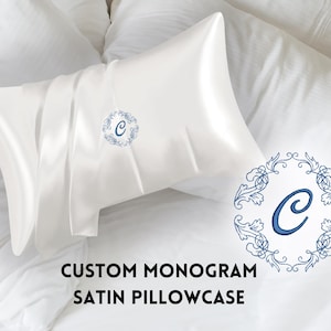 Custom Monogram SATIN Pillowcase, Simple Pillow Embroidery, Custom Name Initial Pillowcase, Room Bedroom Pillowcase w/ Envelope Enclosure