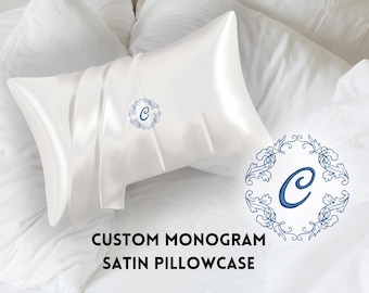 Custom Monogram SATIN White Pillowcase, Simple Pillow Embroidery, Custom Name Initial, Room Bedroom Pillowcase w/ Envelope Enclosure