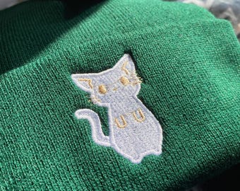 Embroidered CAT Beanie, Cute White Kitten on Dark Green Winter hat, Kid-Friendly Comfy Cold Weather Wear, Great Gift for Cat Lovers