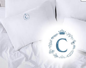 Monogram Pillowcase, Crown Design, Custom Name Pillow w/ Envelope Closure, Embroidered Initial Letter Classy Elegant Gift, Custom Embroidery