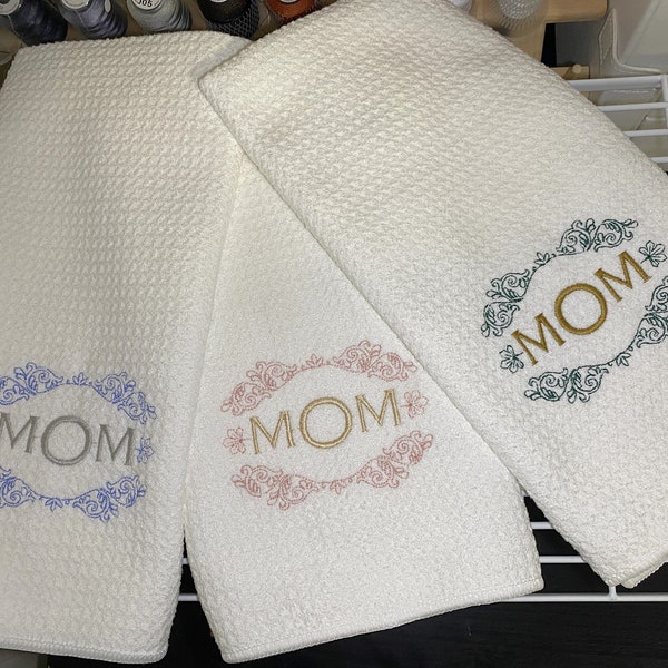 Embroidered MOM Towel, Elegant Floral Accent Text Font, Decorative Tea Bathroom Towel, Waffle Weave Dishcloth, Mother's Day Gift Present