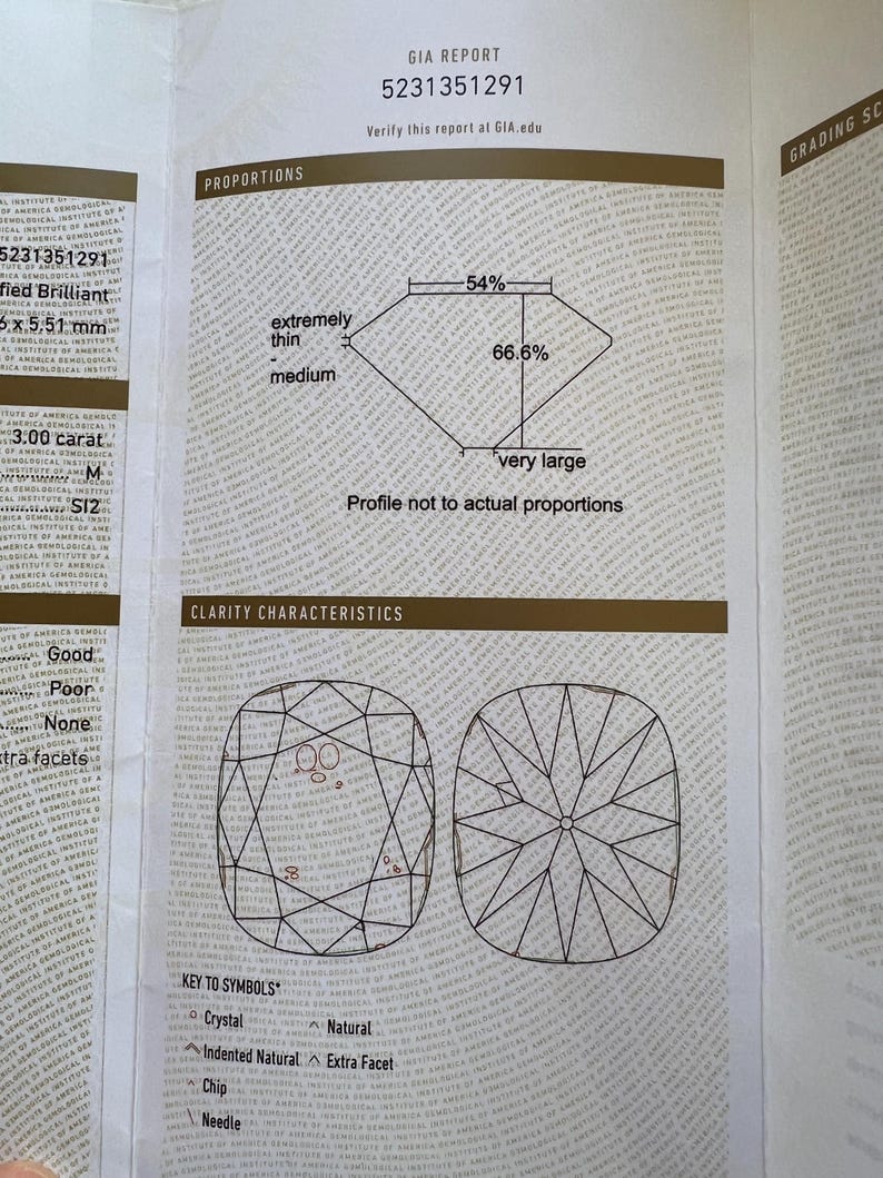 May include: A GIA diamond grading report for a 3.00 carat, modified brilliant cut diamond. The diamond is measured at 5.51 x 5.51 mm and has a clarity grade of SI2. The report includes a diagram of the diamond's proportions and clarity characteristics.