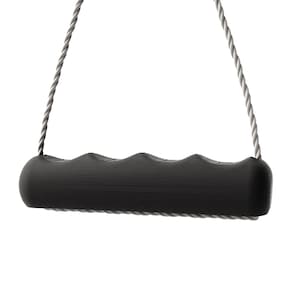May include: A black exercise handle with a textured grip, suspended by two gray ropes. The handle has a curved, ergonomic design. The ropes are tightly wound, and the background is plain white.