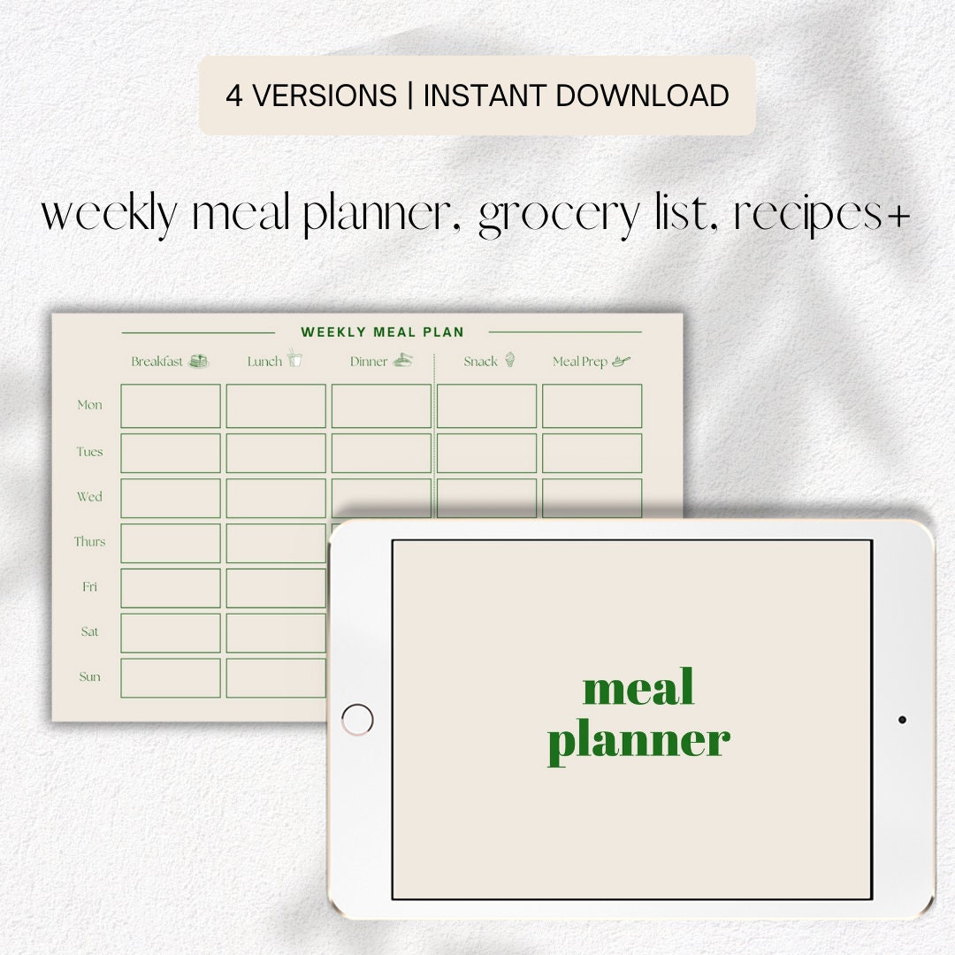 Weekly Meal Planner Printable Template With Grocery List, Recipe Cards ...