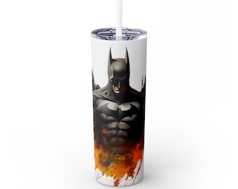 Unleash the Night: 20oz Skinny Tumbler with Straw - Where Epic Bats Ignite Gotham's Skyline