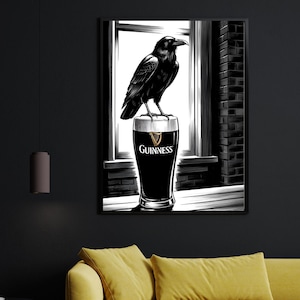 May include: A black raven perched on top of a glass of Guinness beer. The raven is looking to the right. The glass is on a white surface. The background is a black and white illustration of a brick wall and a window.