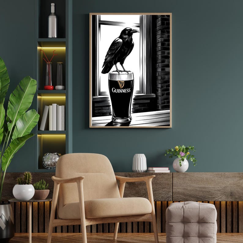 May include: A black and white illustration of a raven perched on top of a glass of Guinness beer. The raven is looking to the right, and the glass is sitting on a table.