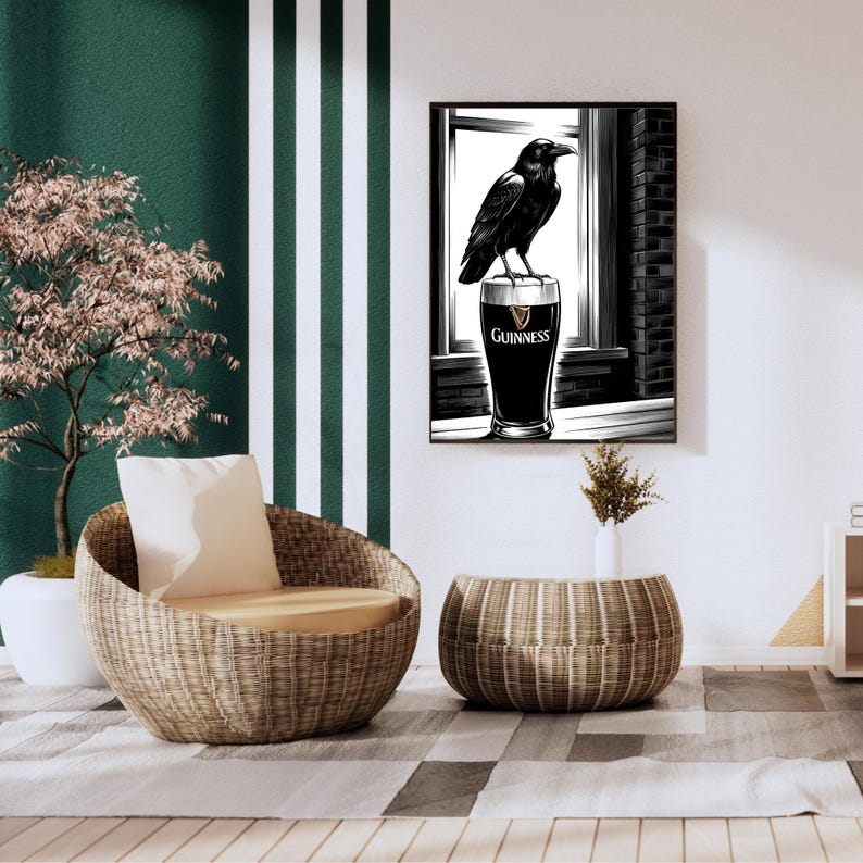 May include: Black and white illustration of a raven perched on top of a glass of Guinness beer. The raven is looking to the right. The glass of beer is in front of a window with brick walls on either side.