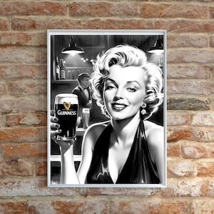 Peut inclure: Illustration en noir et blanc d'une femme tenant un verre de bi&egrave;re Guinness. La femme porte une robe noire et a un look glamour. L'arri&egrave;re-plan est une sc&egrave;ne de bar faiblement &eacute;clair&eacute;e.