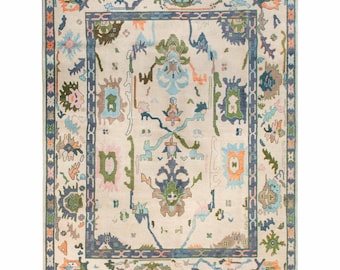 Hand Knotted Oushak Wool Rug, Vintage Turkish Style, Area Rug
