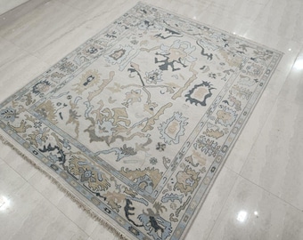 Hand-Knotted Oushak Wool Rug: 8x10 Vintage-Inspired Turkish Area Rug