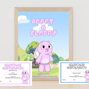 Bluey Party - Adopt A Floppy Digital Download with 2 Certificates Digital Download