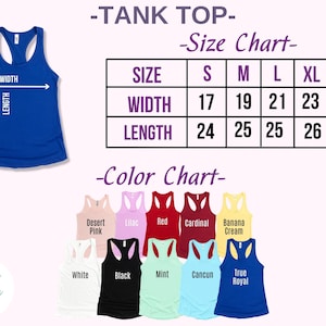 May include: Size chart for tank tops in sizes S-2XL with measurements in inches. Color chart shows 10 different colors: Desert Pink, Lilac, Red, Cardinal, Banana Cream, White, Black, Mint, Cancun, True Royal.