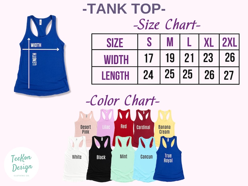 May include: Size chart for tank tops in sizes S-2XL with measurements in inches. Color chart shows 10 different colors: Desert Pink, Lilac, Red, Cardinal, Banana Cream, White, Black, Mint, Cancun, True Royal.