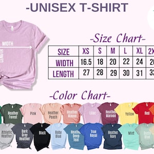 May include: Unisex t-shirt size chart with measurements in inches. The chart shows sizes XS to 3XL. Color chart shows 18 different colors of t-shirts.