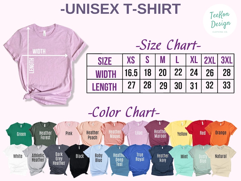 May include: Unisex t-shirt size chart with measurements in inches. The chart shows sizes XS to 3XL. Color chart shows 18 different colors of t-shirts.