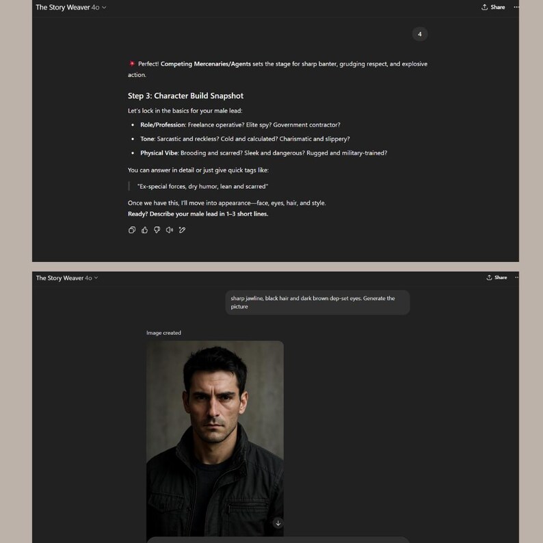 May include: A digital image of a man with dark hair and brown eyes. The image is a character build snapshot, with text describing the character's role, tone, and physical vibe. The text includes phrases like "Freelance operative?" and "Brooding and scarred?"