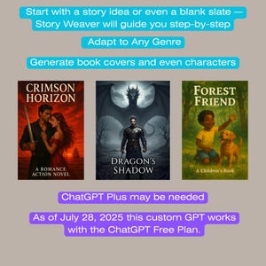 May include: An image showcasing three book covers: "Crimson Horizon," a romance novel; "Dragon's Shadow," a fantasy novel; and "Forest Friend," a children's book. Text advertises a tool for story creation, cover design, and character generation.