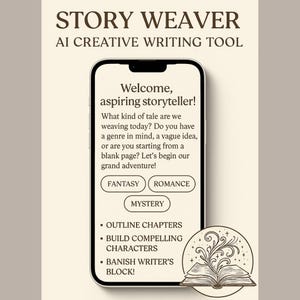Puede incluir: Anuncio de "Story Weaver", una herramienta de escritura creativa con IA. La imagen presenta un teléfono inteligente que muestra el texto: "¡Bienvenido, aspirante a narrador!" con opciones para los géneros Fantasía, Romance y Misterio. Texto adicional incluye "Esquematizar capítulos".