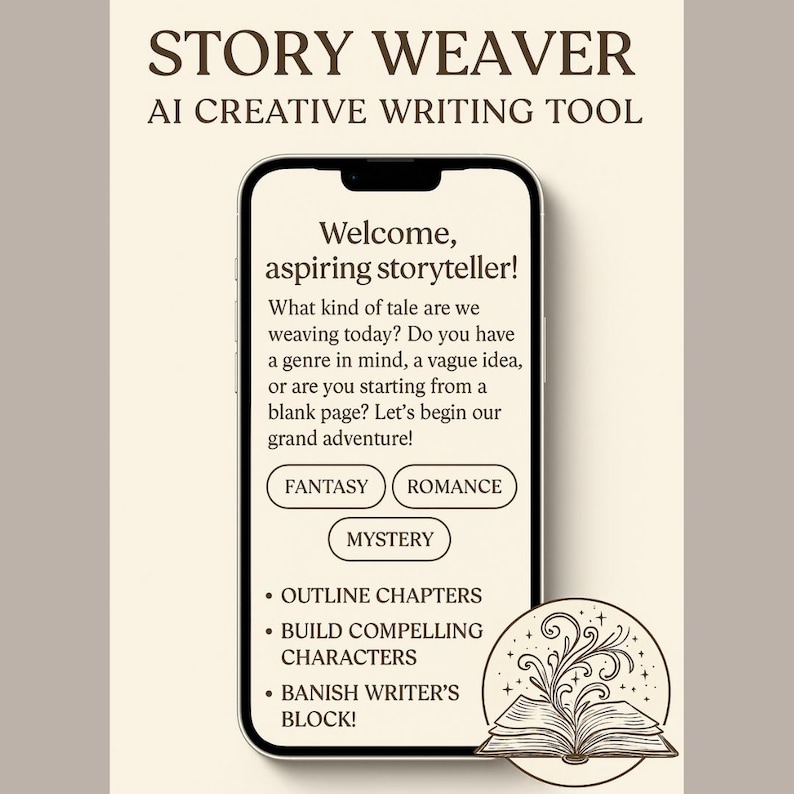 May include: An advertisement for "Story Weaver," an AI creative writing tool. The image features a smartphone displaying text: "Welcome, aspiring storyteller!" with options for Fantasy, Romance, and Mystery genres. Additional text includes "Outline Chapters," "Build Compelling Characters," and "Banish Writer's Block!"