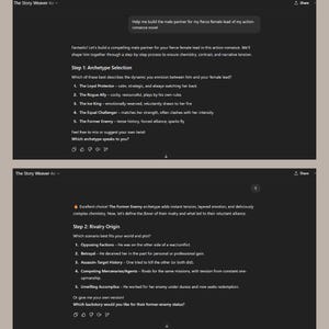 May include: Two-page screenshot from "The Story Weaver 40" with text. The first page asks the user to select an archetype for a male character in an action-romance novel. The second page asks the user to select a rivalry origin.