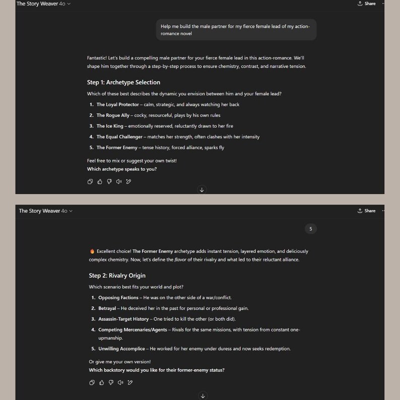 May include: Two-page screenshot from "The Story Weaver 40" with text. The first page asks the user to select an archetype for a male character in an action-romance novel. The second page asks the user to select a rivalry origin.