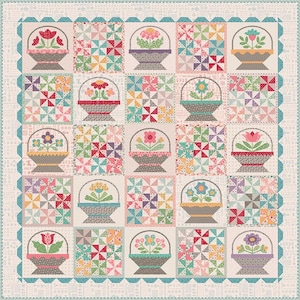 Quiltset bloemenmand sampler met Piece and Plenty-stoffen van Riley Blake Designs by Lori Holt van Bee in my Bonnet