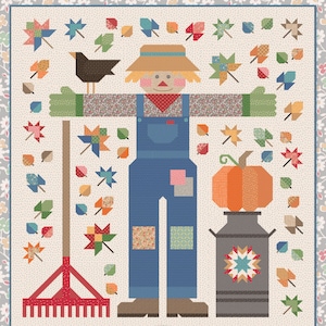 May include: A quilted patchwork scarecrow with a straw hat, blue overalls, and a rake. The scarecrow is surrounded by autumn leaves and a pumpkin. The text "The Quilted Scarecrow" is at the top of the image. The text "Designed by Lori Holt" and "Bee in my Bonnet Co." is at the bottom of the image.