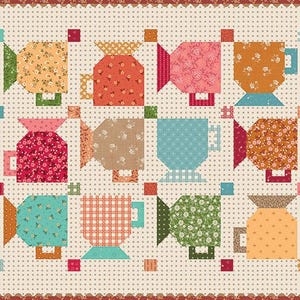 May include: A patchwork quilt featuring a repeating pattern of stylized teacups. Each teacup is a different color and pattern, including floral, gingham, and solid colors. The quilt has a cream-colored background with small polka dots and a scalloped border.