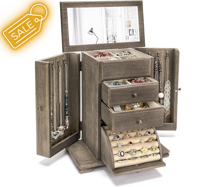 Jewelry Box for Women, Rustic Wooden Jewelry Boxes & Organizers With