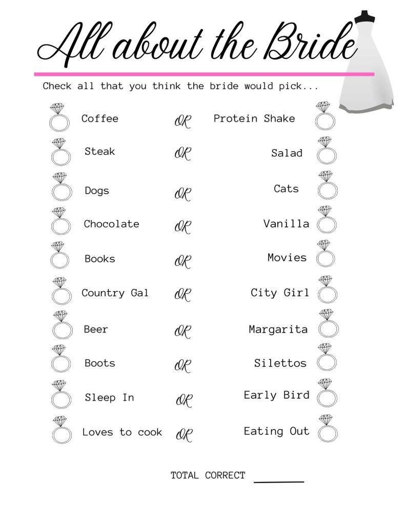 All About the Bride Game, Bridal Game, Games for Bridal Shower, Do You Know Your Bride, Bride