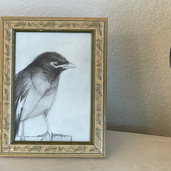 Original Art Piece Charcoal Bird Drawing in Antique Small Frame