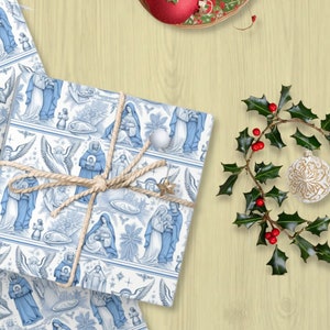 Catholic Nativity toile style blue and white wrapping Paper | Christmas presents wrap